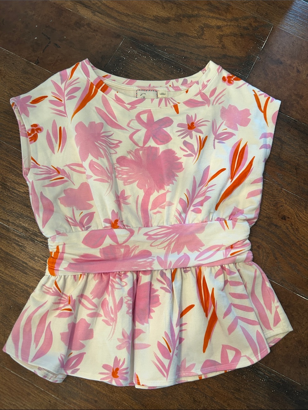 Anthropologie Postmark Floral Peplum Top Pink Orange Sz XS Belted Silhouette